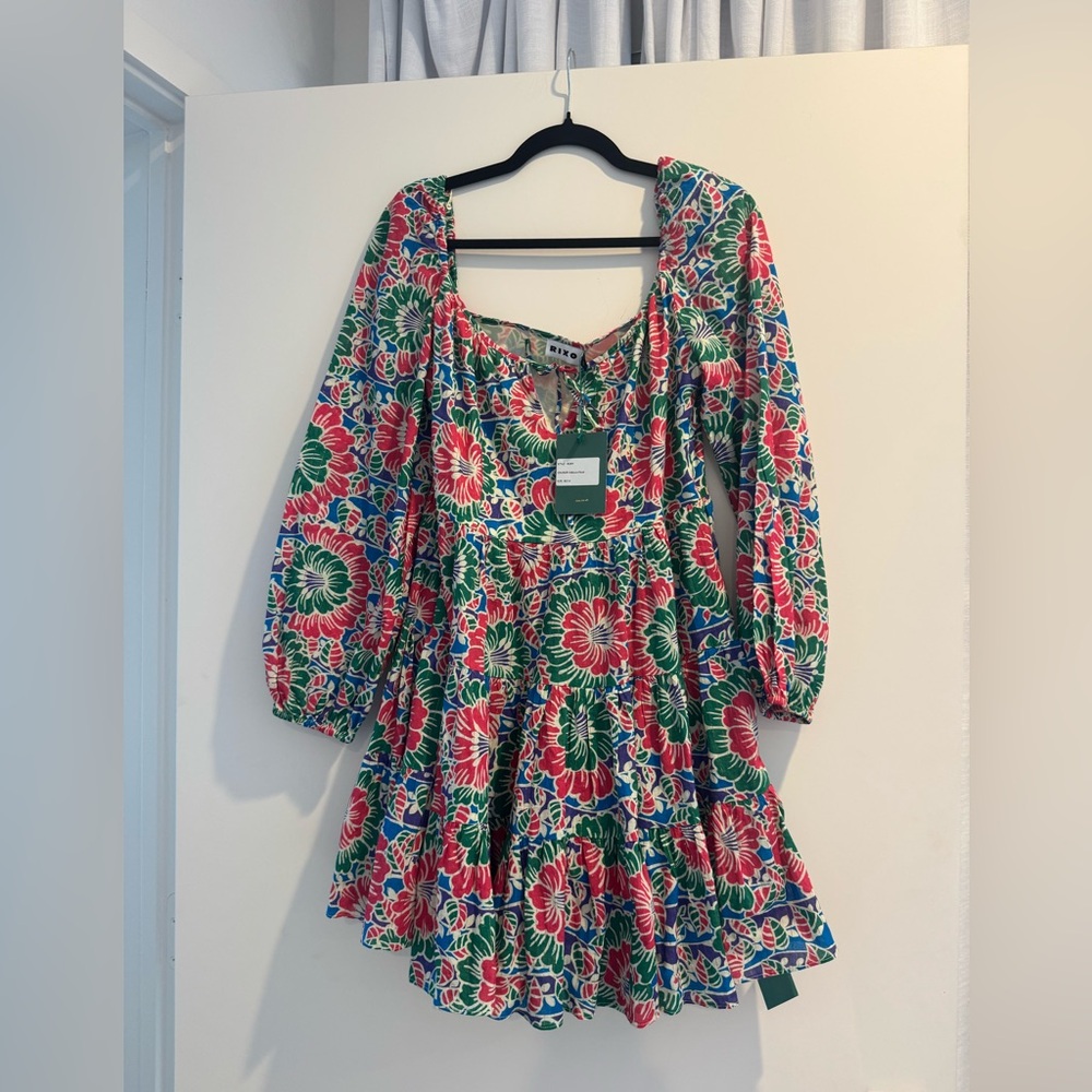 RIXO Red and Green Floral Long Sleeve Dress NWT